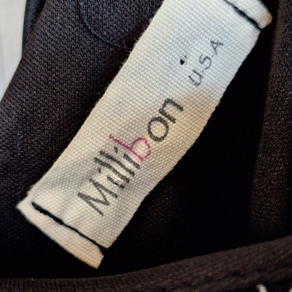 Millibon Dress Elastic Waist Black Geometric SzM Long Sleeves Cross Back Lined - Picture 3 of 12